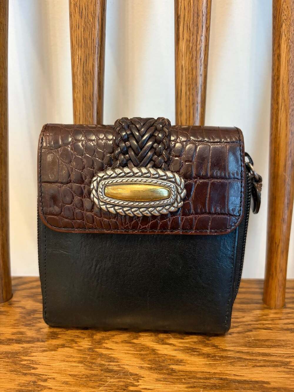 Brighton Black and Brown Croc Embossed Leather Organizer Wallet with Silver and